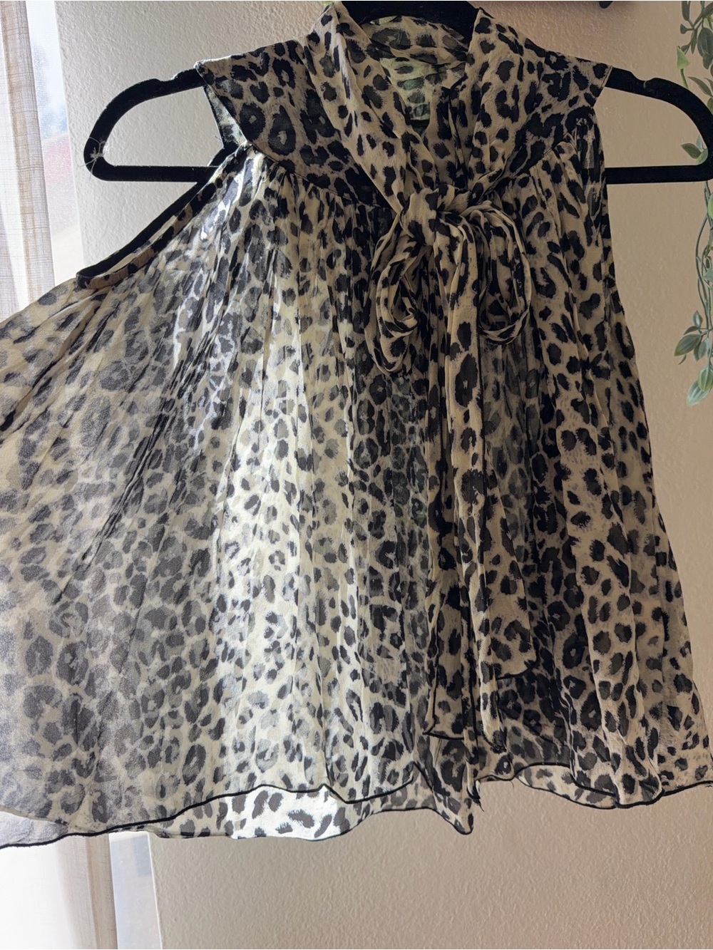 Anna Sui Sleeveless Animal Print Tie-Neck Blouse - Black & Cream